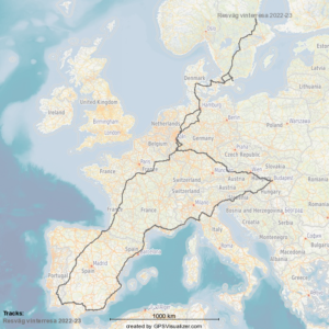 Kartbild över resvägen vinterresan 2022-23